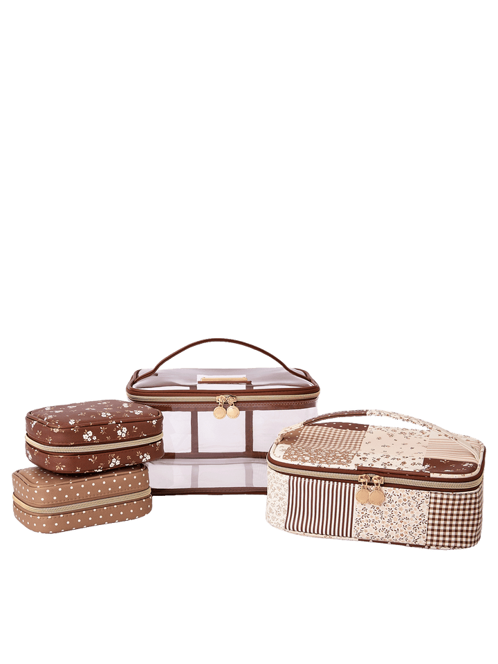 Getaway Cosmetic Set in Brown Patchwork including transparent case, jewelry case, tech organizer, and cosmetic pouch