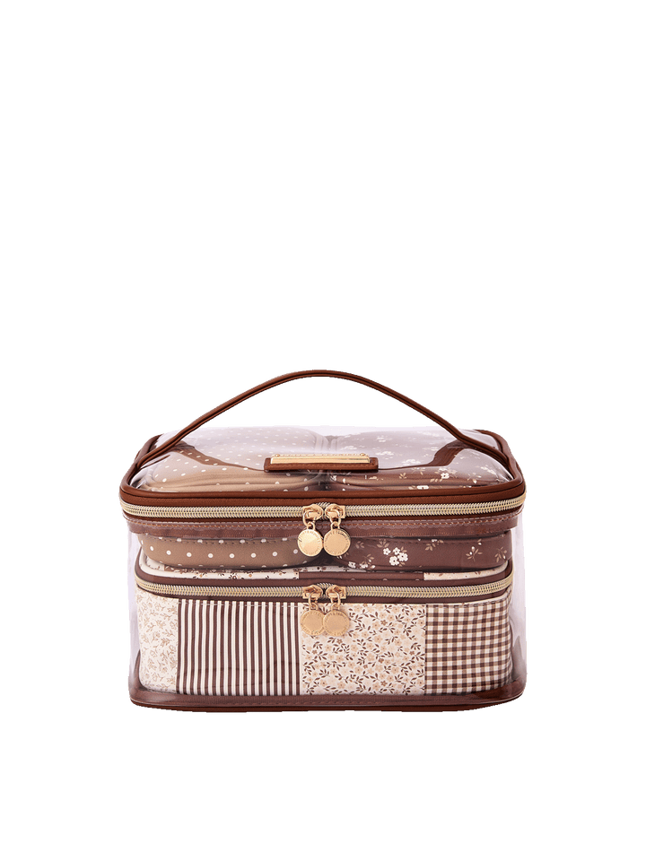Getaway Cosmetic Set in Brown Patchwork with transparent travel case
