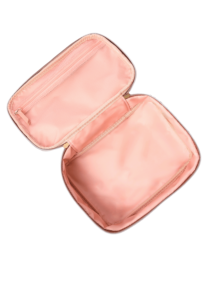 Open travel case from Getaway Cosmetic Set in Brown Patchwork