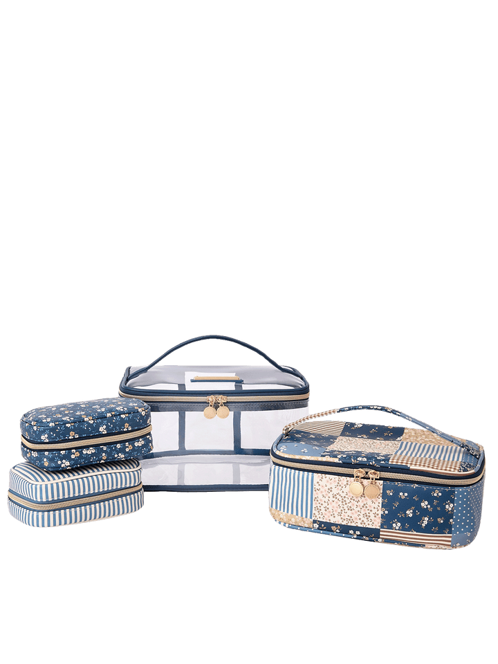 Getaway Cosmetic Set in Navy Patchwork with all travel organizers displayed