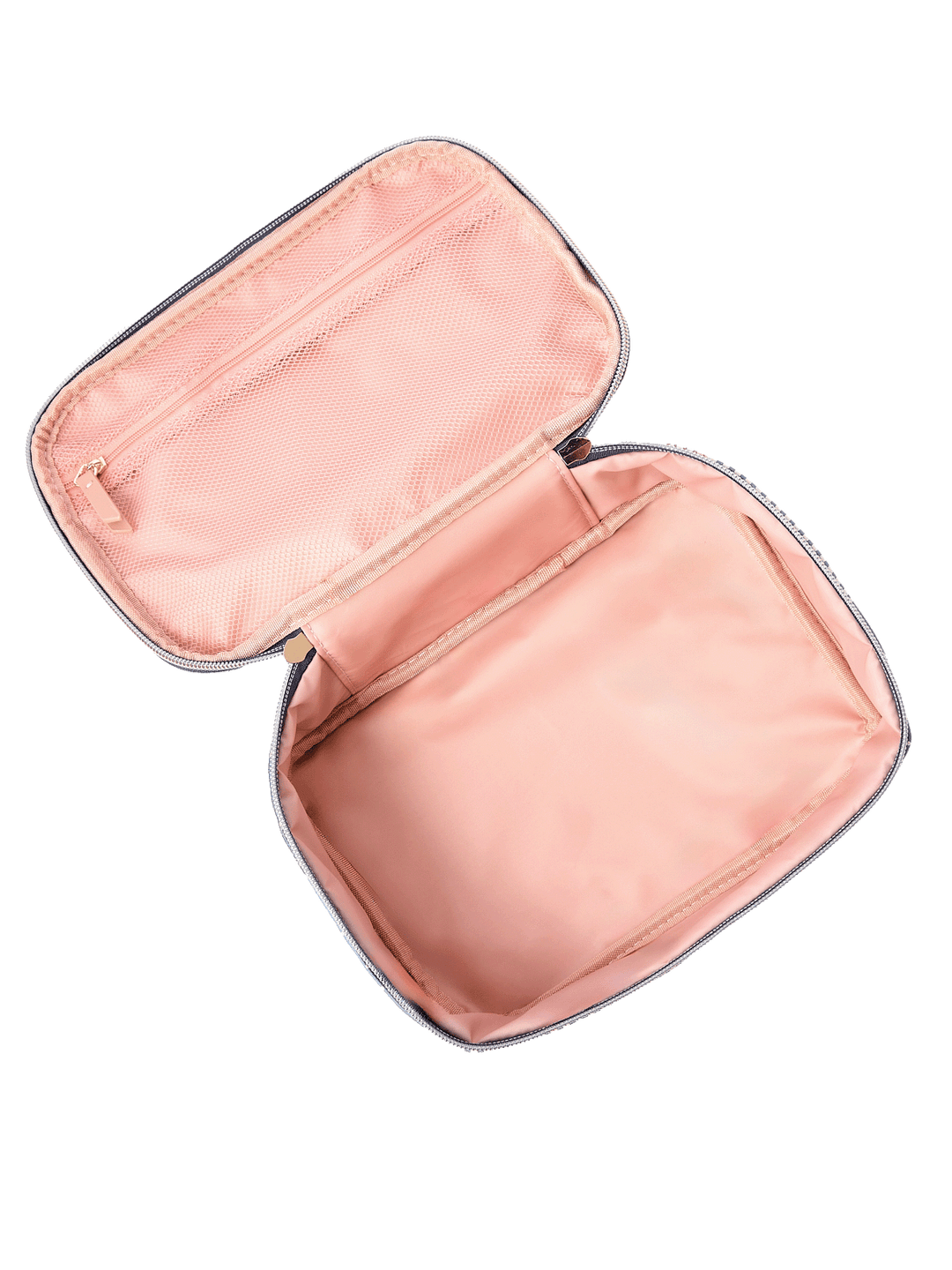 Open travel case from Getaway Cosmetic Set in Navy Patchwork
