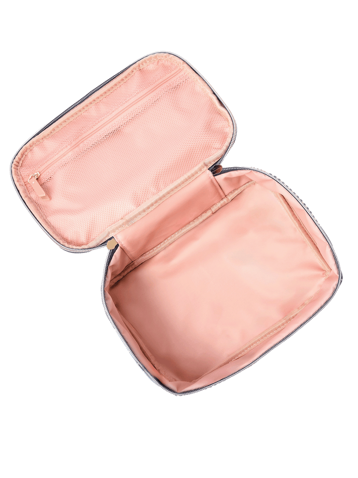 Open travel case from Getaway Cosmetic Set in Navy Patchwork