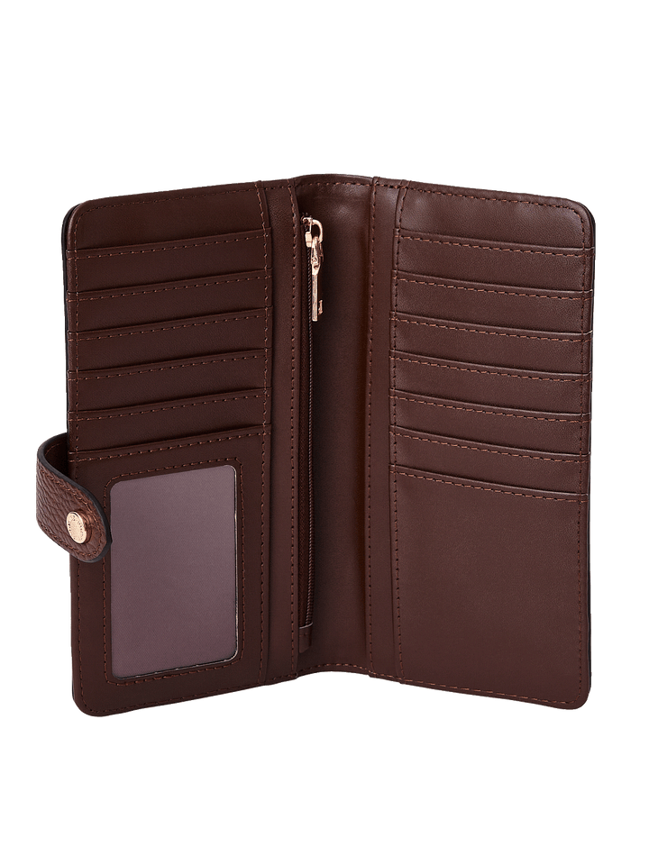 Go Anywhere Wallet in Espresso showing 13 card slots, bill compartments, and ID window