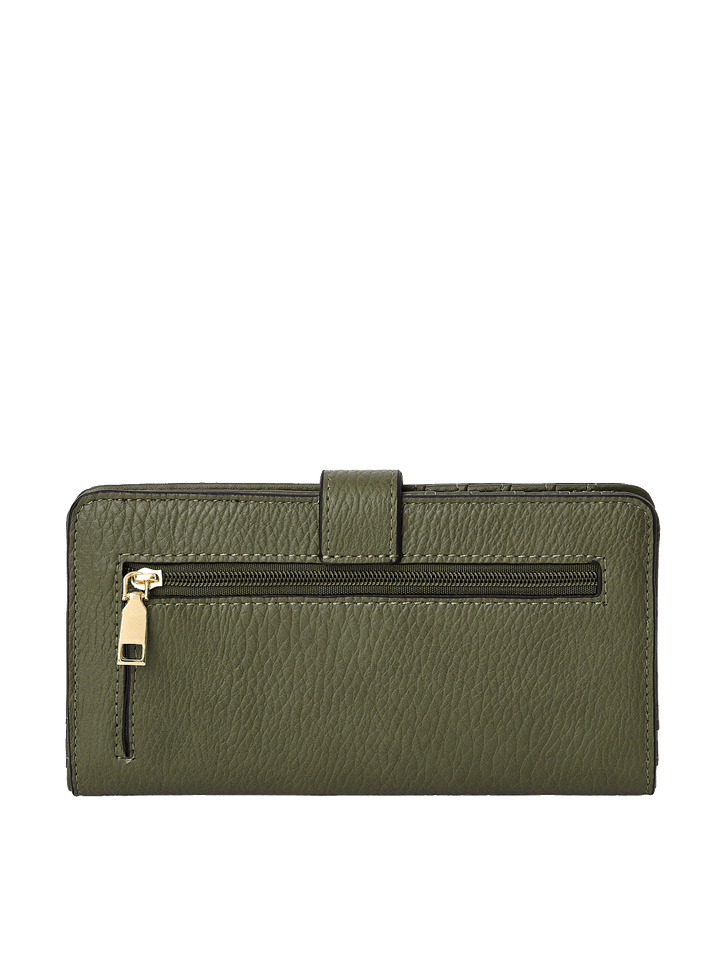 Back view of the Go Anywhere Wallet in Olive with zippered pocket