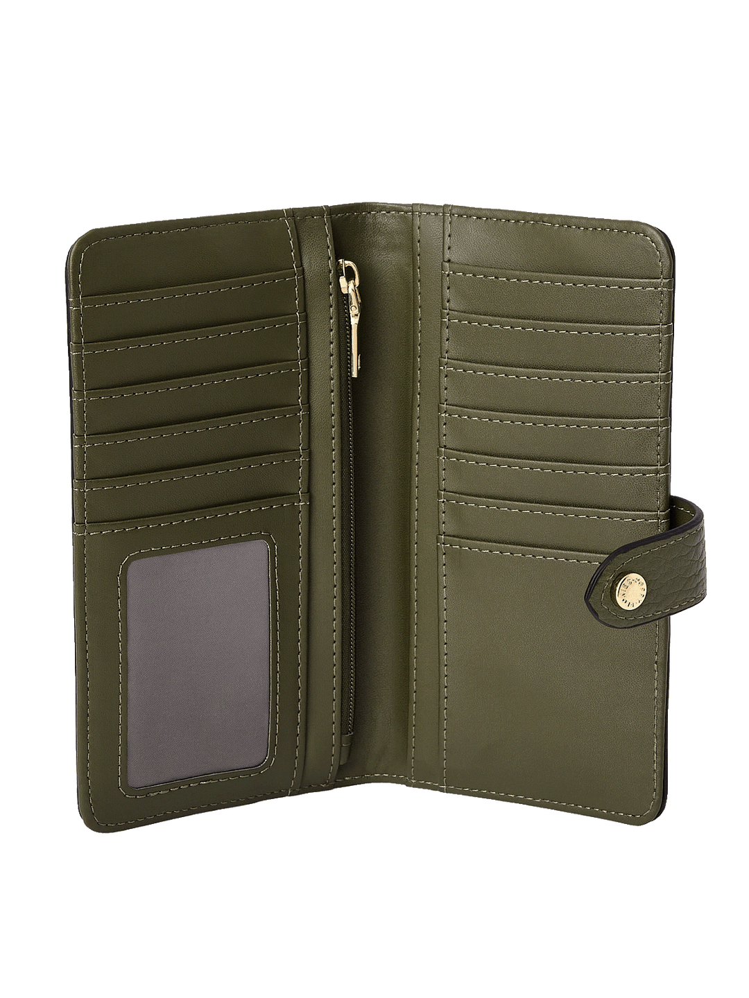 Go Anywhere Wallet in Olive showing 13 card slots, bill compartments, and ID window