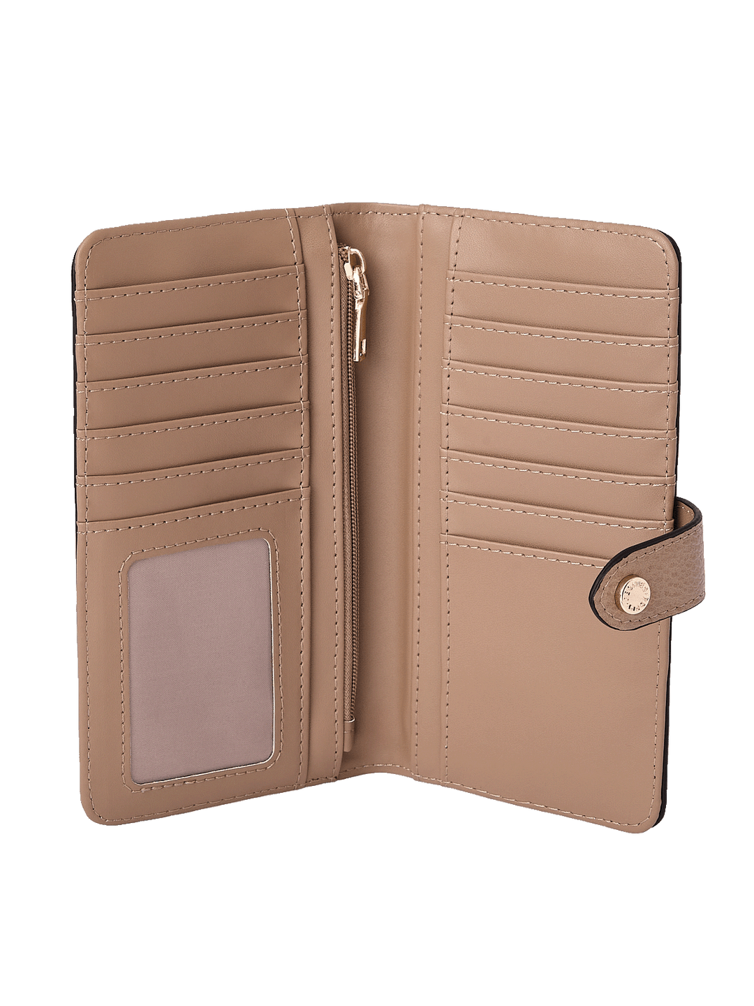 Go Anywhere Wallet in Taupe showing 13 card slots, bill compartments, and ID window