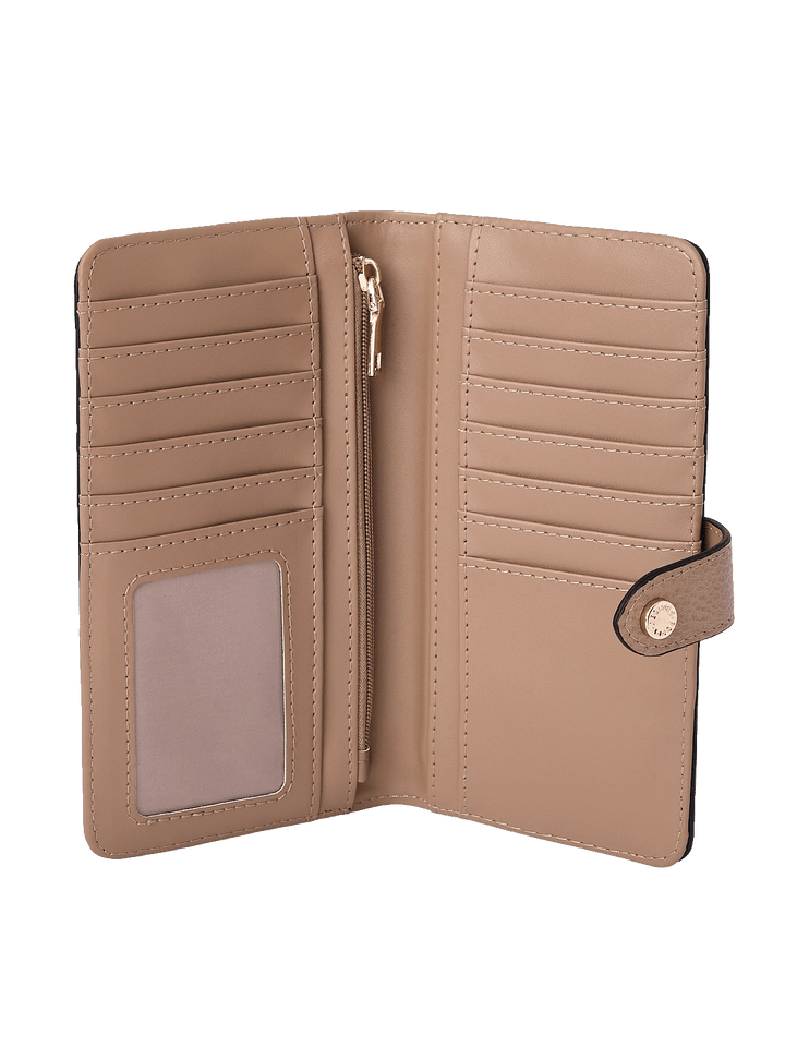 Go Anywhere Wallet in Taupe showing 13 card slots, bill compartments, and ID window