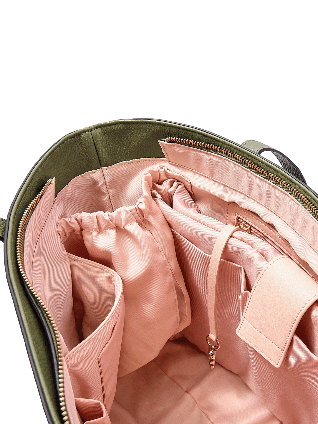 Close-up of the Go-Getter Tote in Olive showing cup holder, key leash, and interior organization pockets