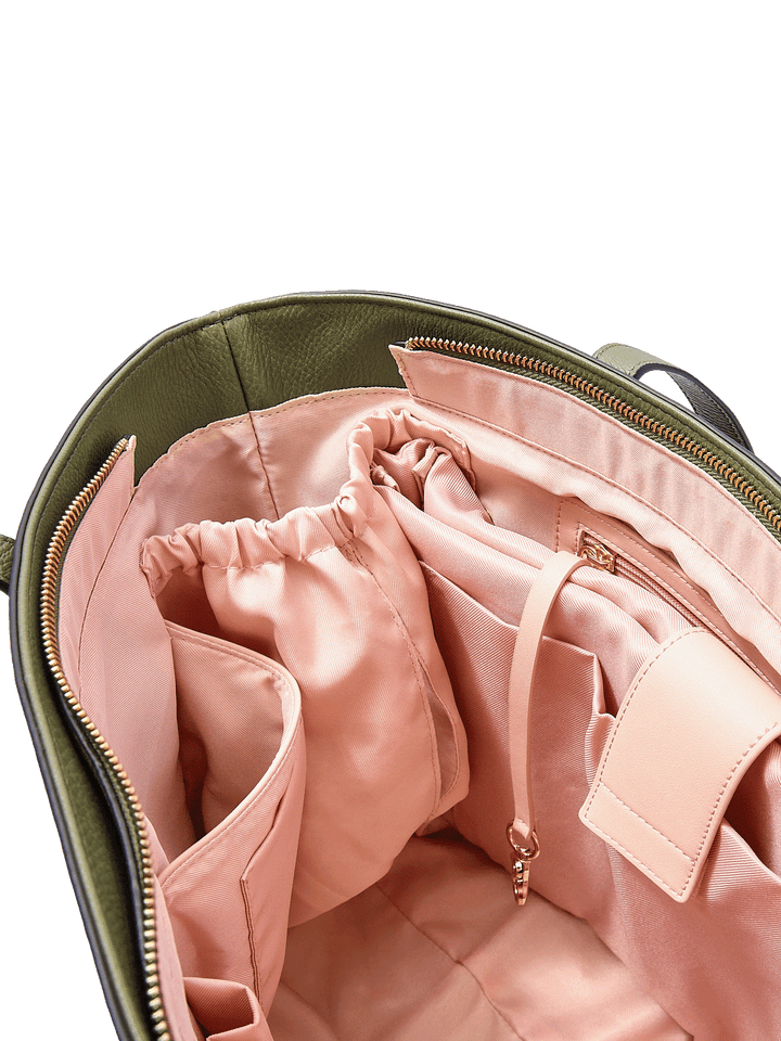 Close-up of the Go-Getter Tote in Olive showing cup holder, key leash, and interior organization pockets