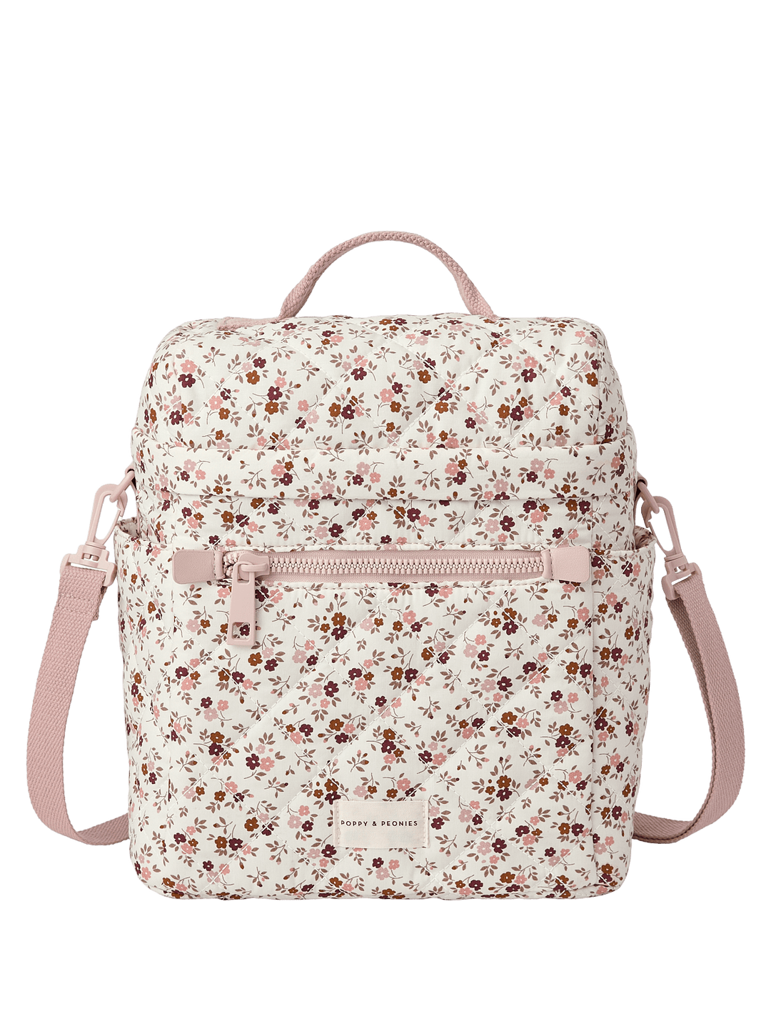 Floral-patterned lunch bag with a detachable crossbody strap