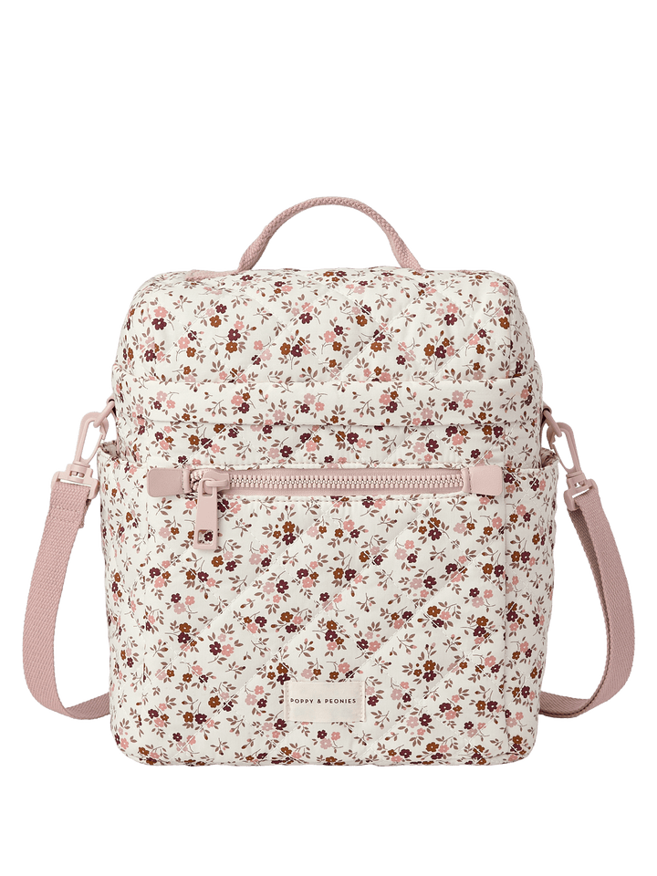 Floral-patterned lunch bag with a detachable crossbody strap
