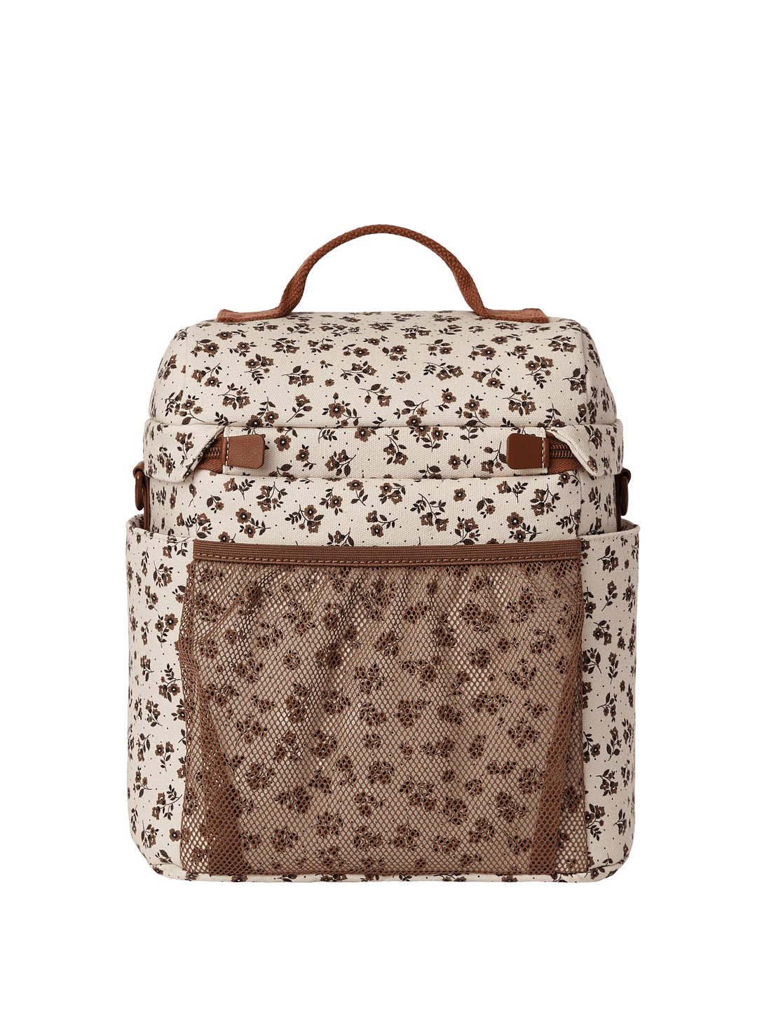 Floral patterned lunch bag with a mesh pocket