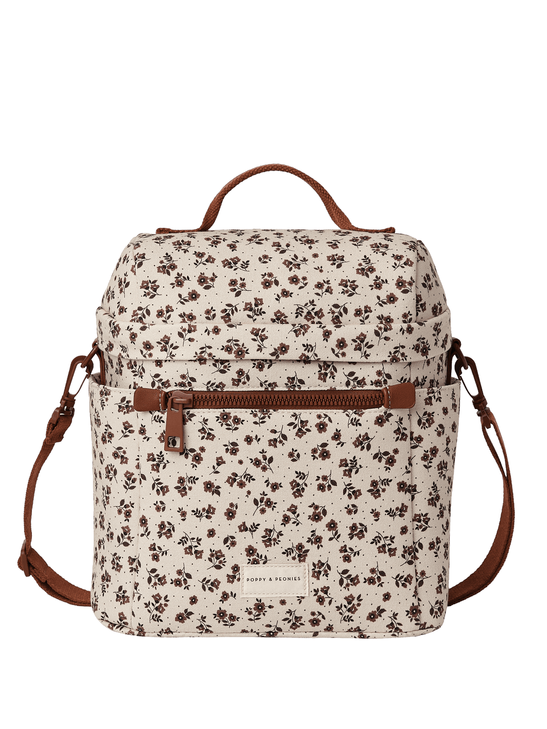 Floral-patterned lunch bag with brown straps 