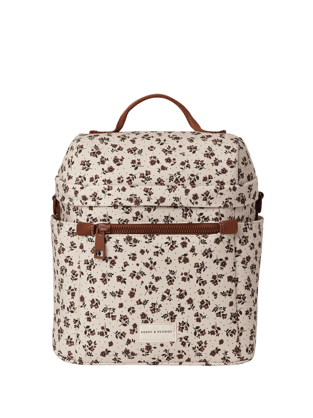 Floral-patterned lunch bag with brown straps