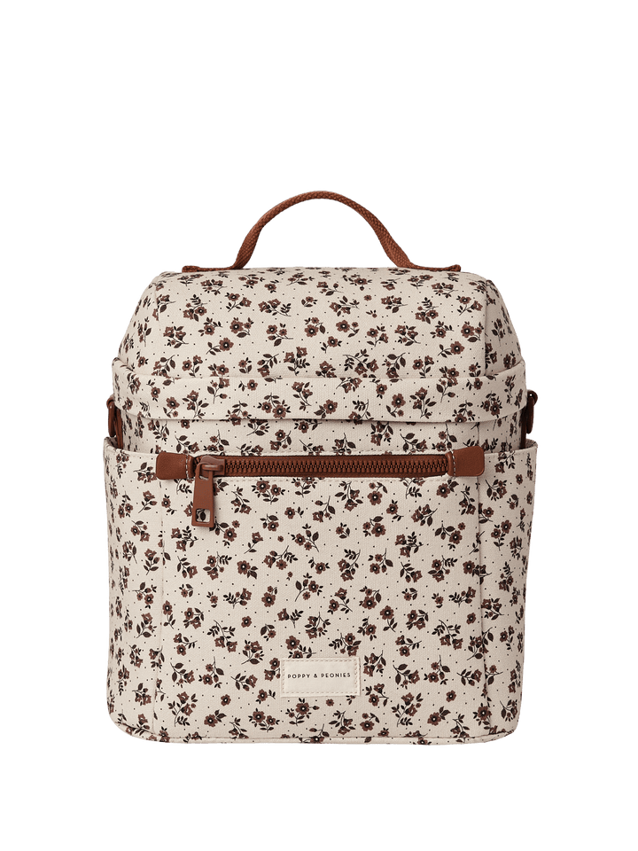 Floral-patterned lunch bag with brown straps