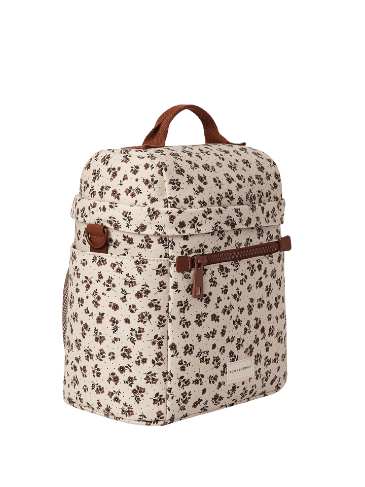 Floral-patterned lunch bag with brown accents