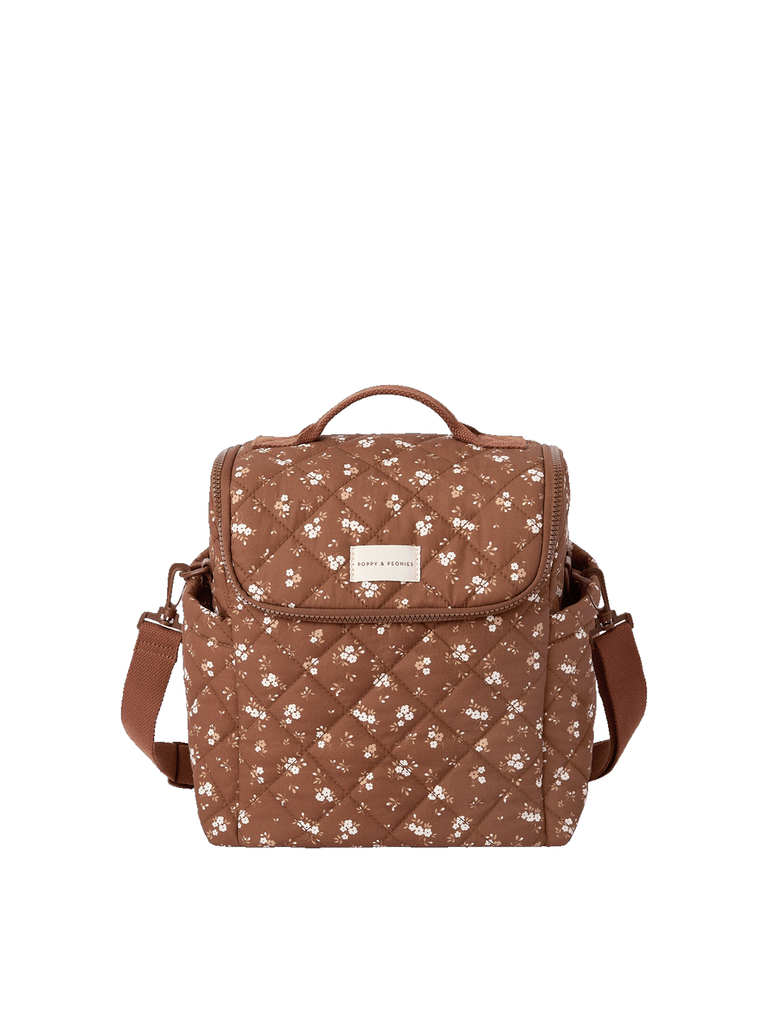 Poppy & Peonies The Lunch Date in Brown Floral with top handle, front flap, side pockets, and adjustable shoulder strap.