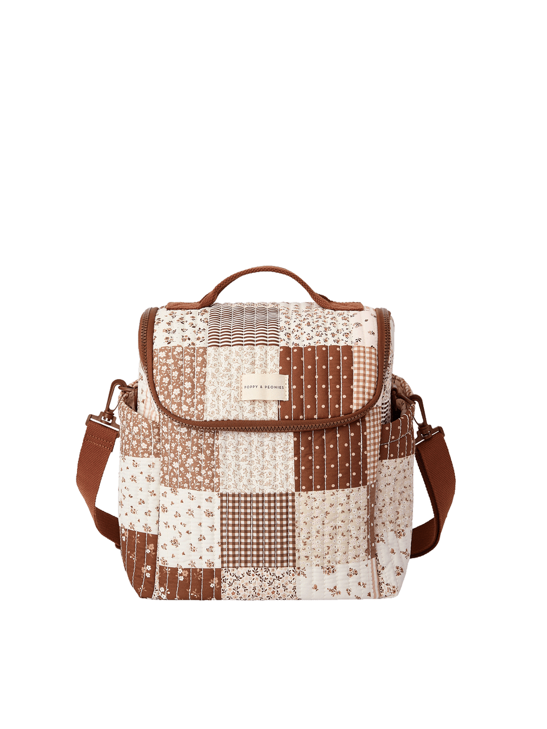 Poppy & Peonies The Lunch Date in Brown Patchwork with top handle, front flap, side pockets, and adjustable shoulder strap.