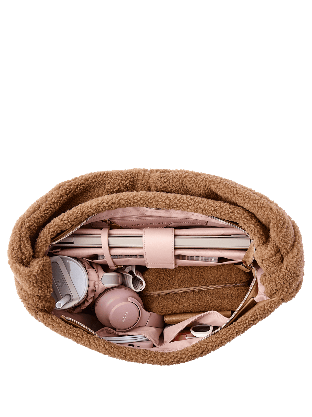 Interior of a brown faux fur bag 