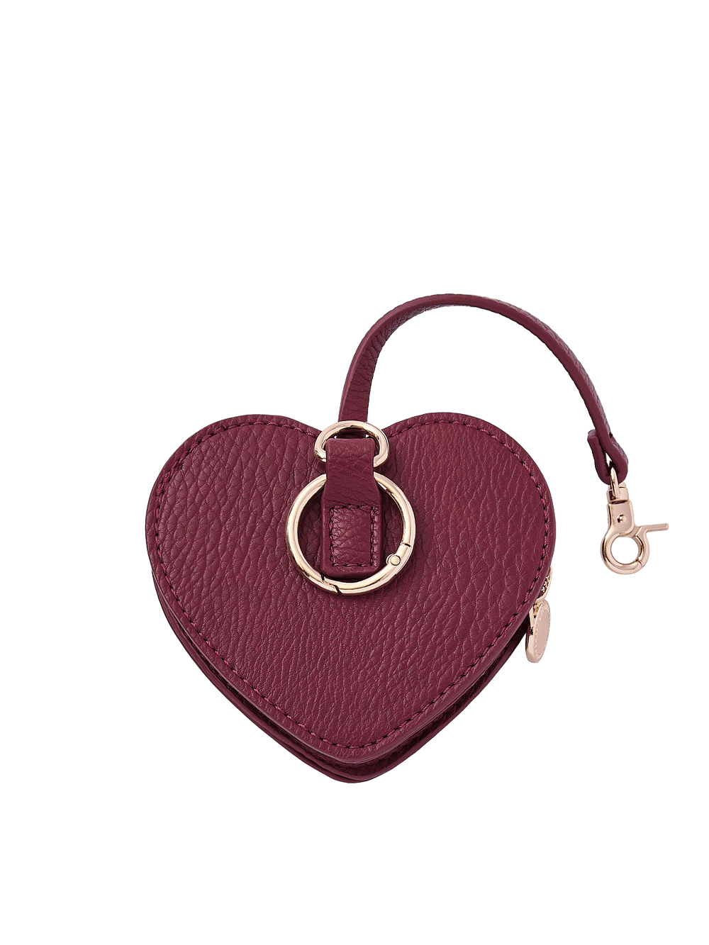 Poppy & Peonies Berry Heart Bag Charm back view, showing the textured berry exterior, gold-tone O-ring and short strap with clasp.