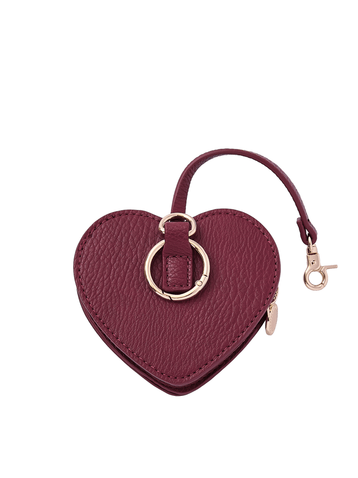 Poppy & Peonies Berry Heart Bag Charm back view, showing the textured berry exterior, gold-tone O-ring and short strap with clasp.