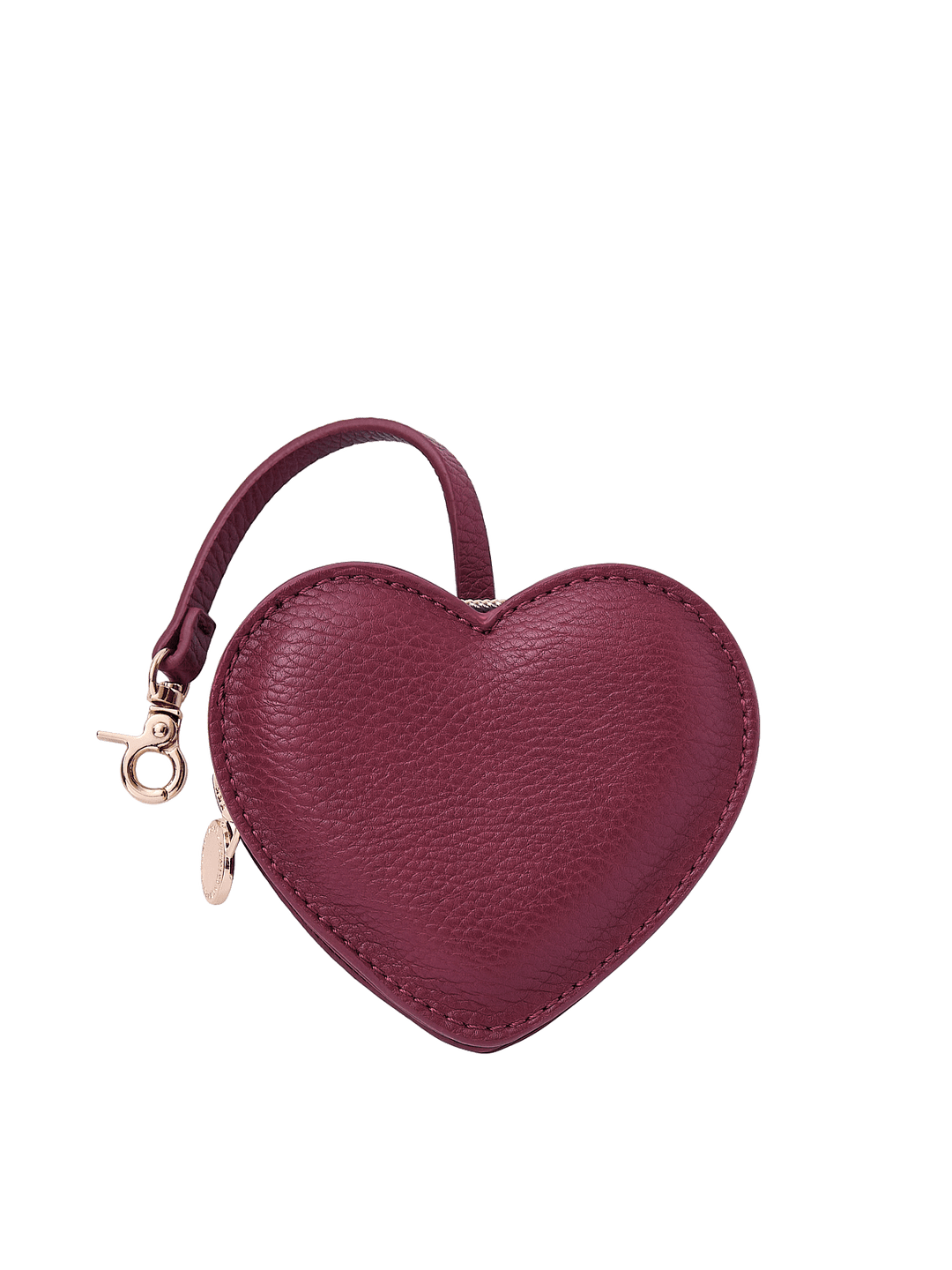 Poppy & Peonies Berry Heart Bag Charm front view, featuring a heart-shaped design in a rich berry tone with a short strap, clasp and gold-tone hardware.