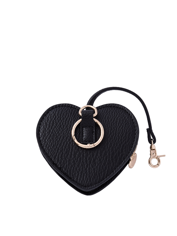Poppy & Peonies Black Heart Bag Charm back view, showing the textured black exterior, gold-tone O-ring and short strap with clasp.