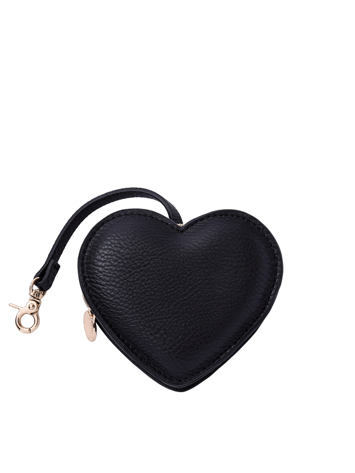 Poppy & Peonies Black Heart Bag Charm front view, featuring a heart-shaped design in black with a short strap, clasp and gold-tone hardware.