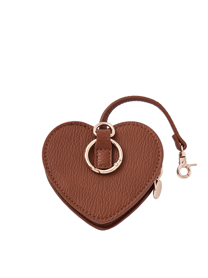 Poppy & Peonies Chestnut Heart Bag Charm back view, showing the textured chestnut brown exterior, gold-tone O-ring and short strap with clasp.