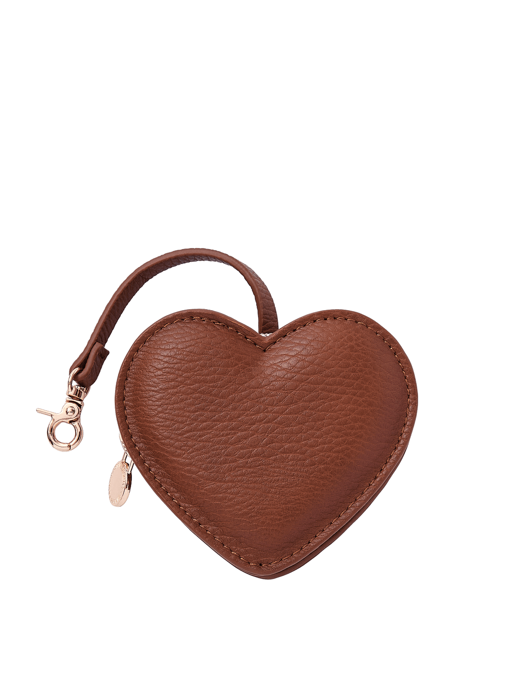 Poppy & Peonies Chestnut Heart Bag Charm front view, featuring a heart-shaped design in warm chestnut brown with a short strap, clasp and gold-tone hardware.