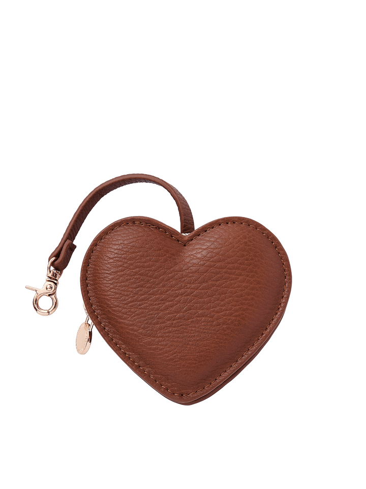 Poppy & Peonies Chestnut Heart Bag Charm front view, featuring a heart-shaped design in warm chestnut brown with a short strap, clasp and gold-tone hardware.