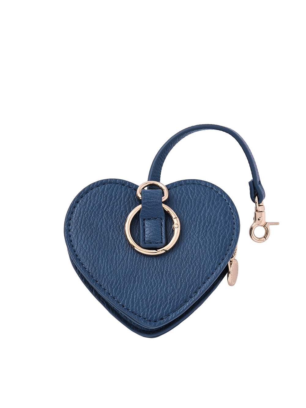 Poppy & Peonies Navy Heart Bag Charm back view, showing the textured navy exterior, gold-tone O-ring and short strap with clasp.