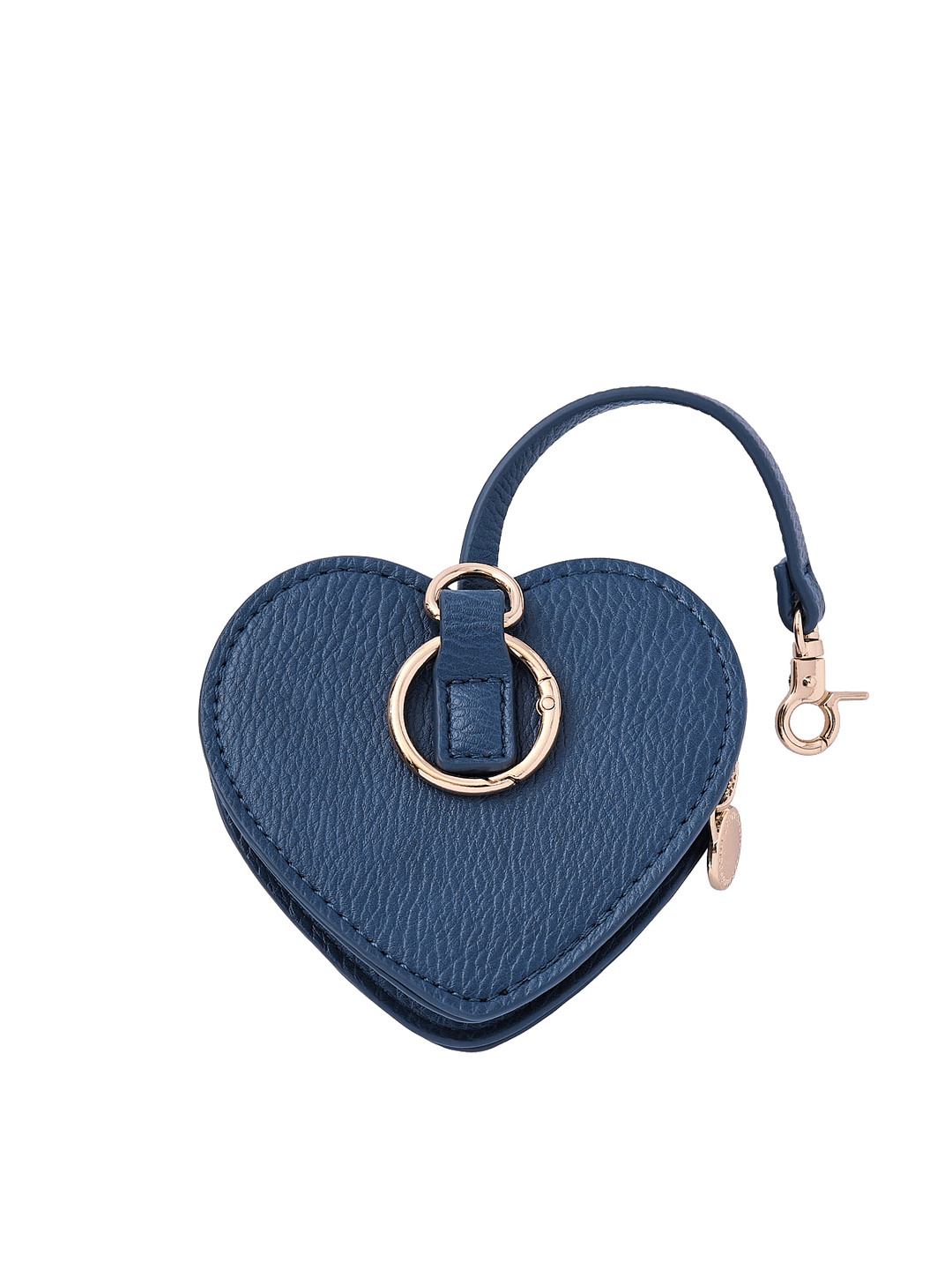 Poppy & Peonies Navy Heart Bag Charm back view, showing the textured navy exterior, gold-tone O-ring and short strap with clasp.