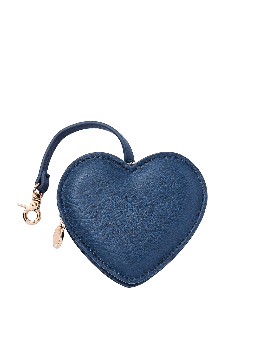 Poppy & Peonies Navy Heart Bag Charm front view, featuring a heart-shaped design in navy with a short strap, clasp and gold-tone hardware.