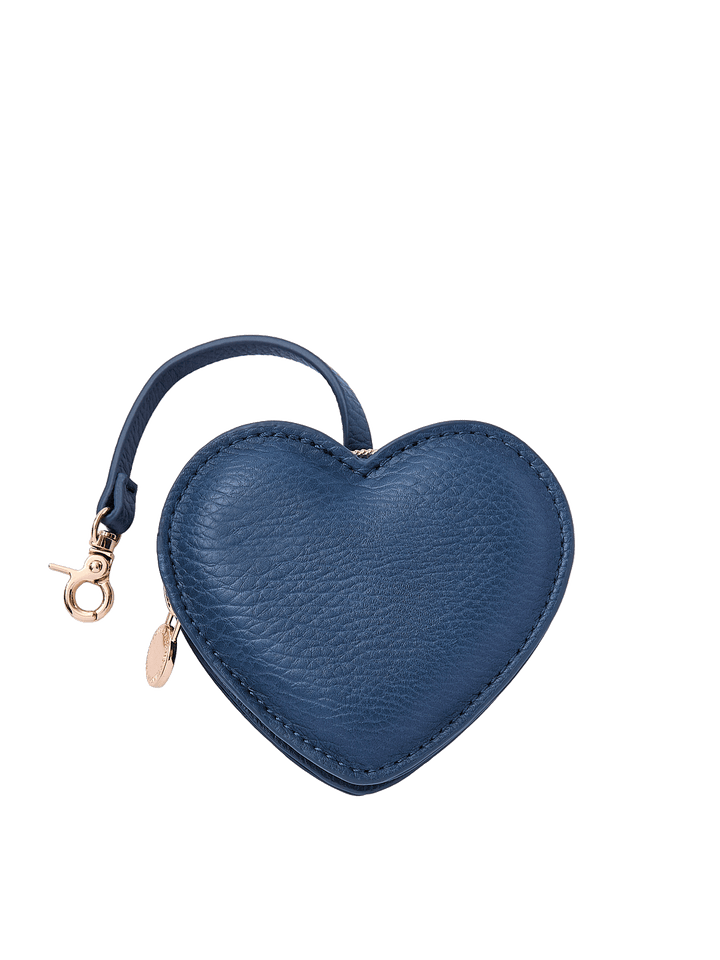 Poppy & Peonies Navy Heart Bag Charm front view, featuring a heart-shaped design in navy with a short strap, clasp and gold-tone hardware.