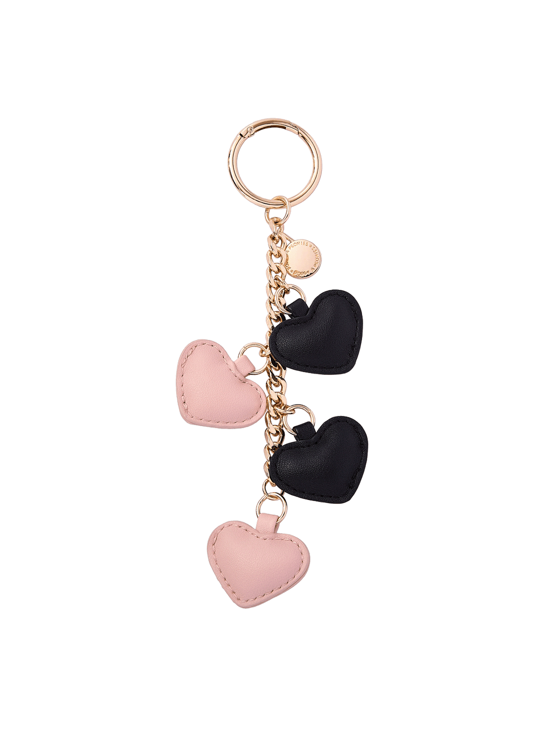 Poppy & Peonies Heart Strings Bag Charm in Blush, featuring vegan leather hearts in blush and black tones, custom coin charms and champagne gold hardware.