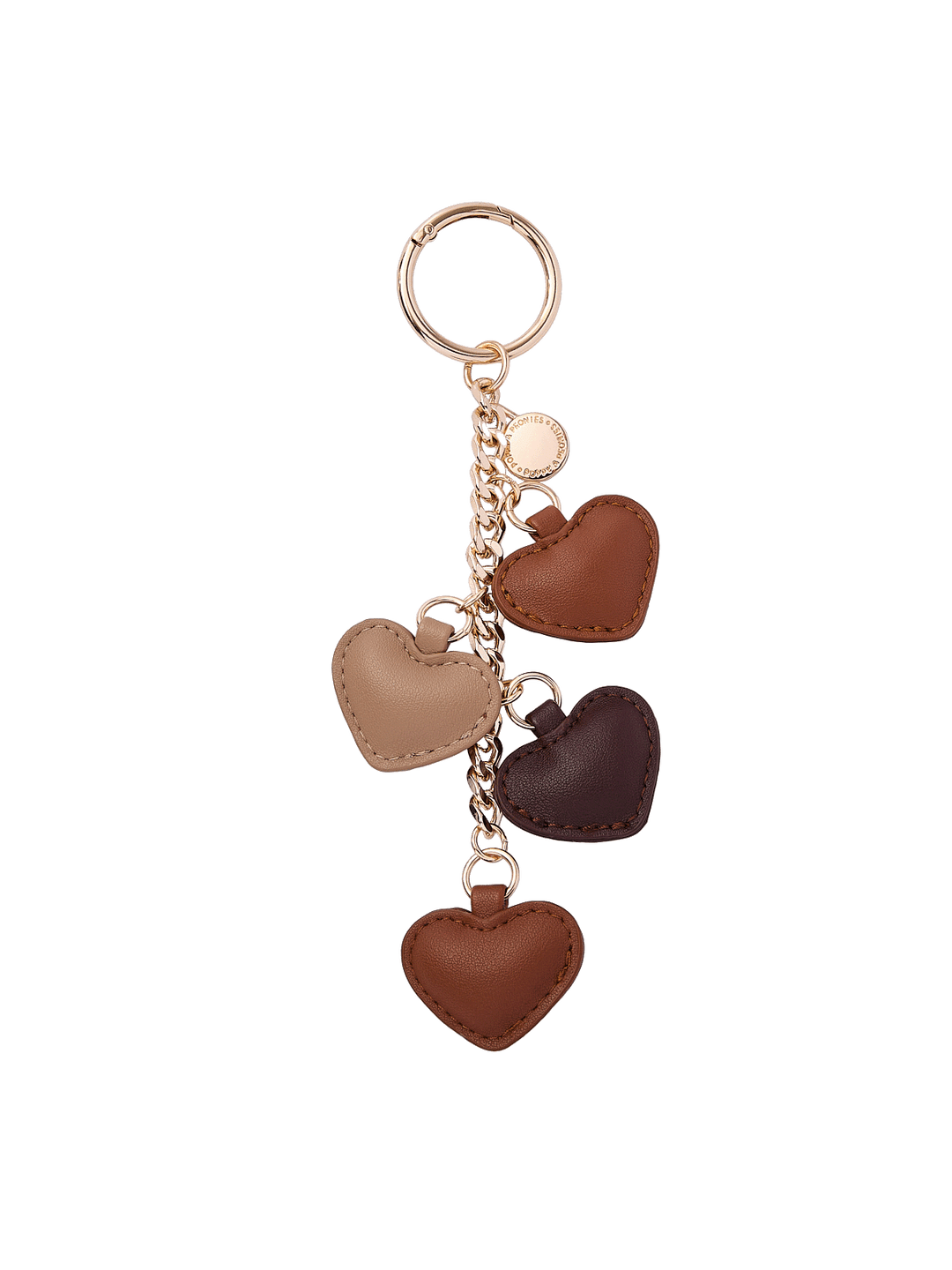 Poppy & Peonies Heart Strings Bag Charm in Brown, featuring vegan leather hearts in warm brown tones, custom coin charms and champagne gold hardware.