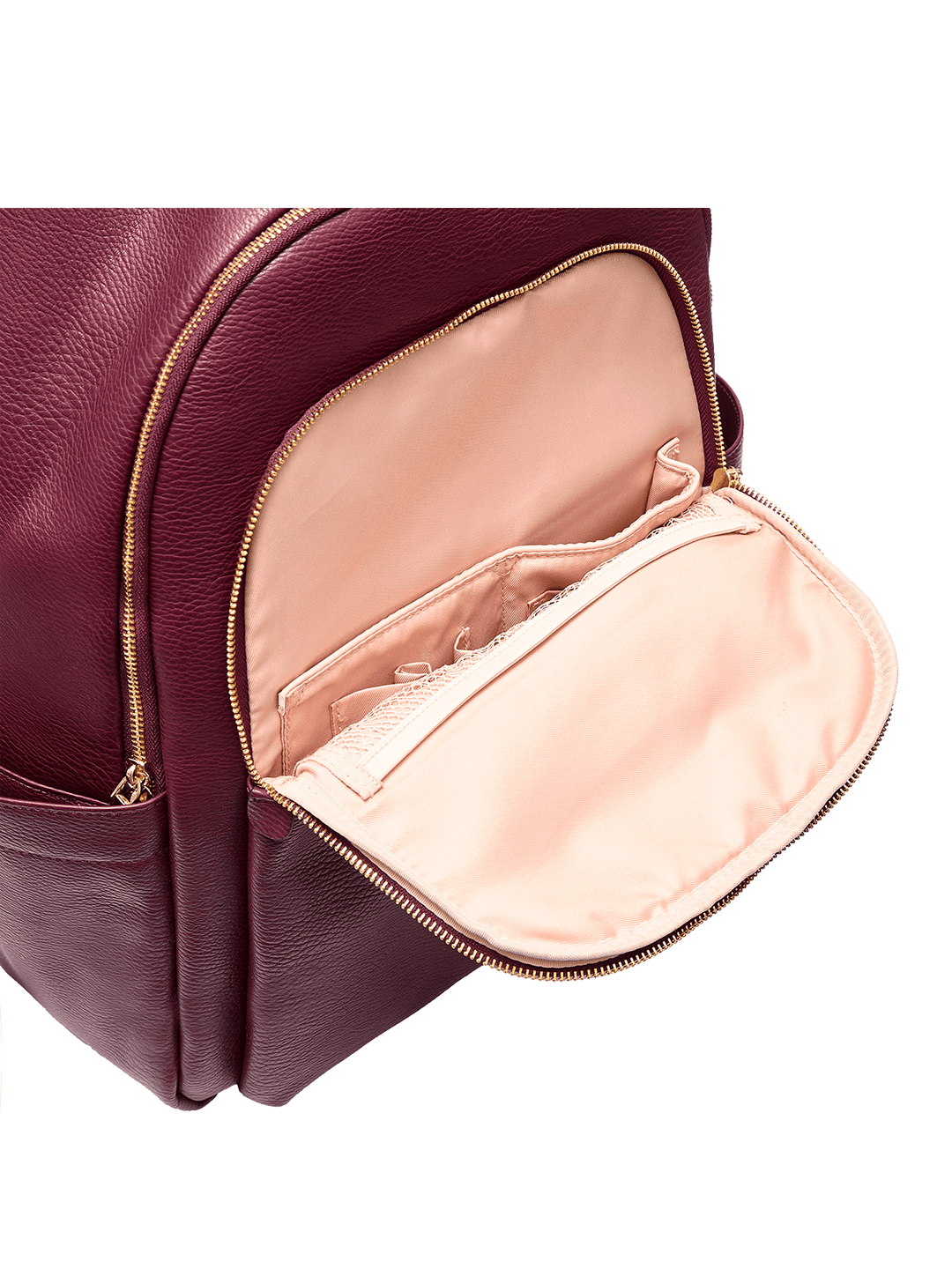 Berry coloured backpack with open zipper showing pink interior on a transparent background