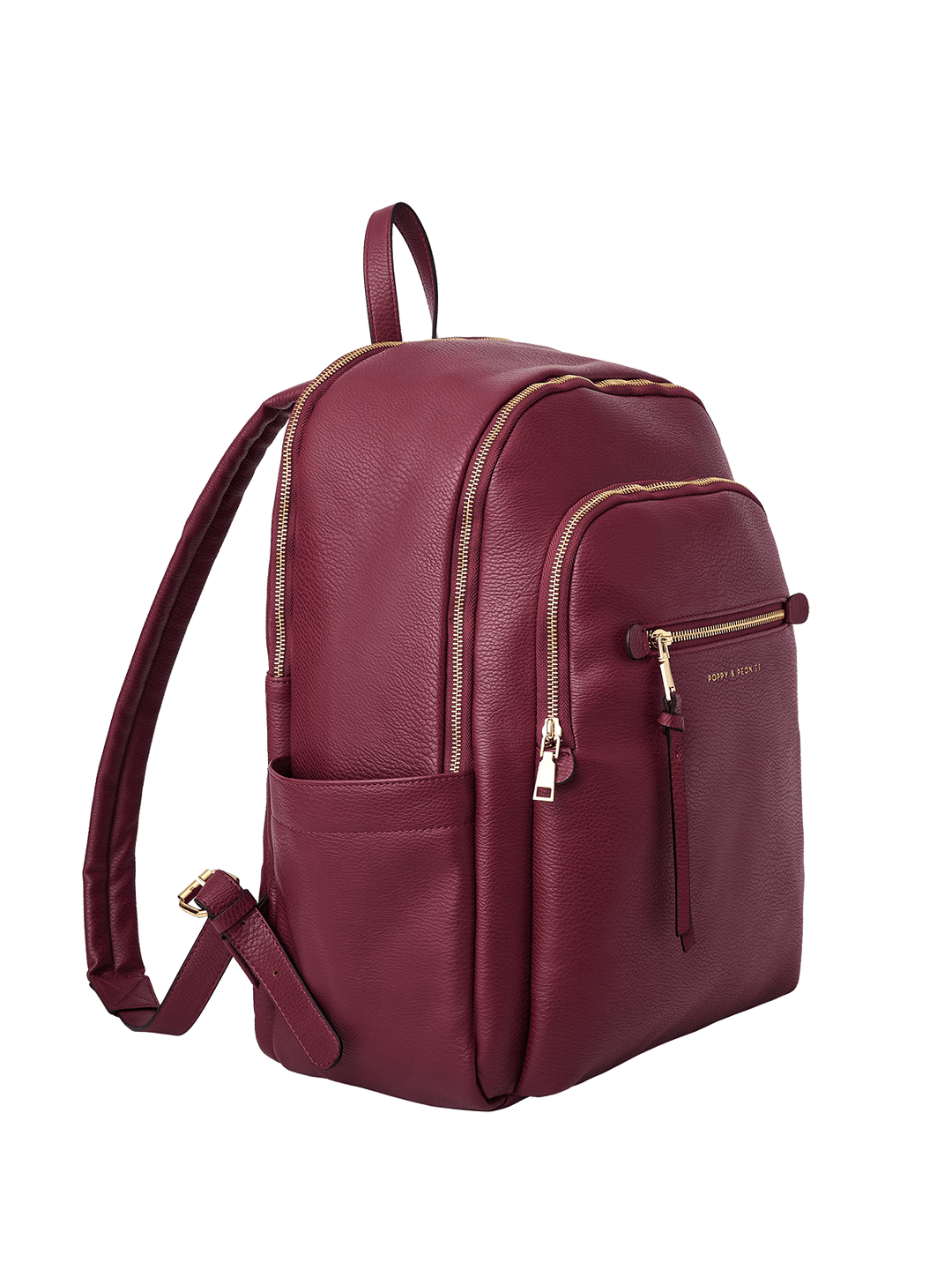 Berry coloured backpack with gold zippers on a transparent background