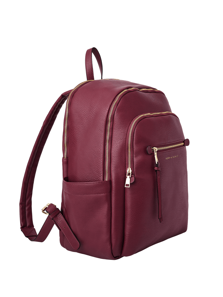 Berry coloured backpack with gold zippers on a transparent background