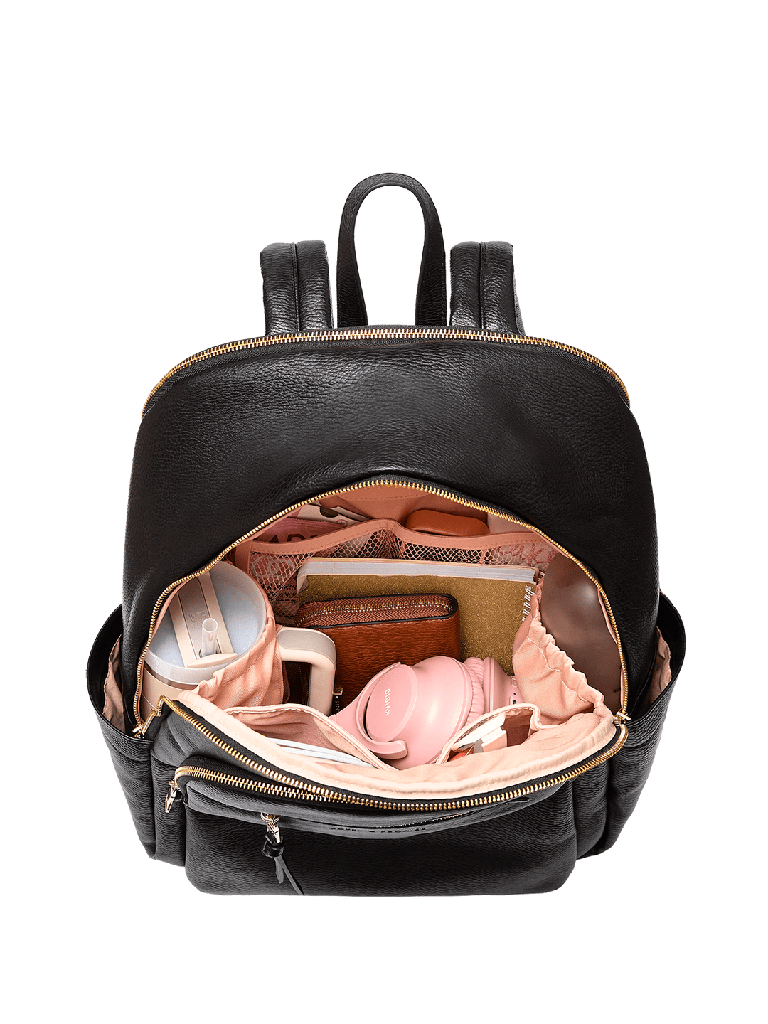 Black backpack with items inside on a transparent background