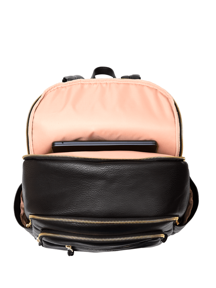 open laptop compartment on a black vegan leather backpack