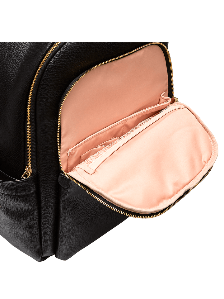 Black backpack with a pink interior on a transparent background