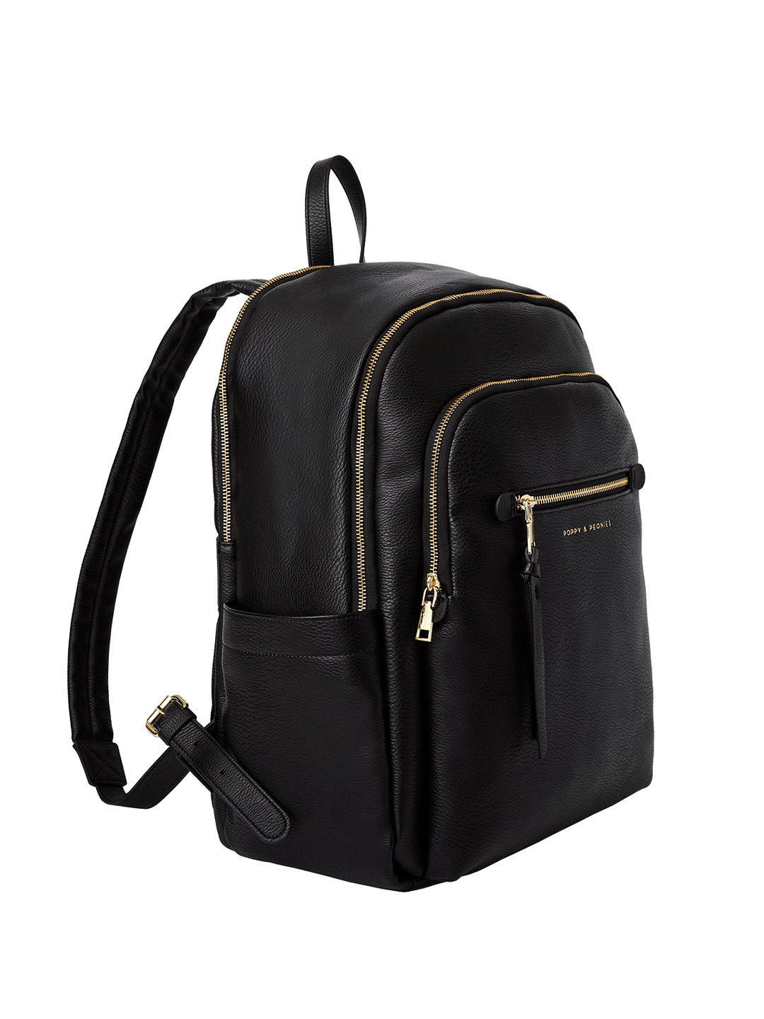 Black backpack with gold zippers on a transparent background