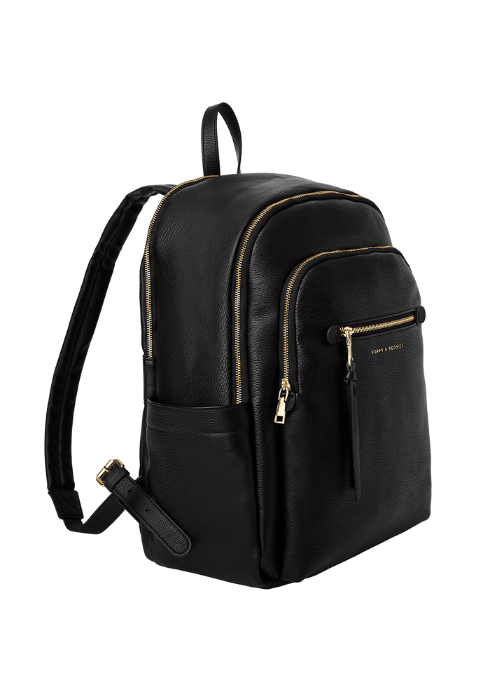 Black backpack with gold zippers on a transparent background