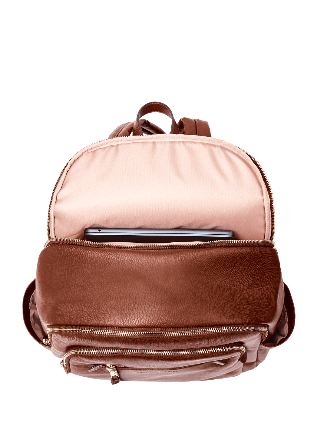 open laptop pocket on a brown vegan leather backpack