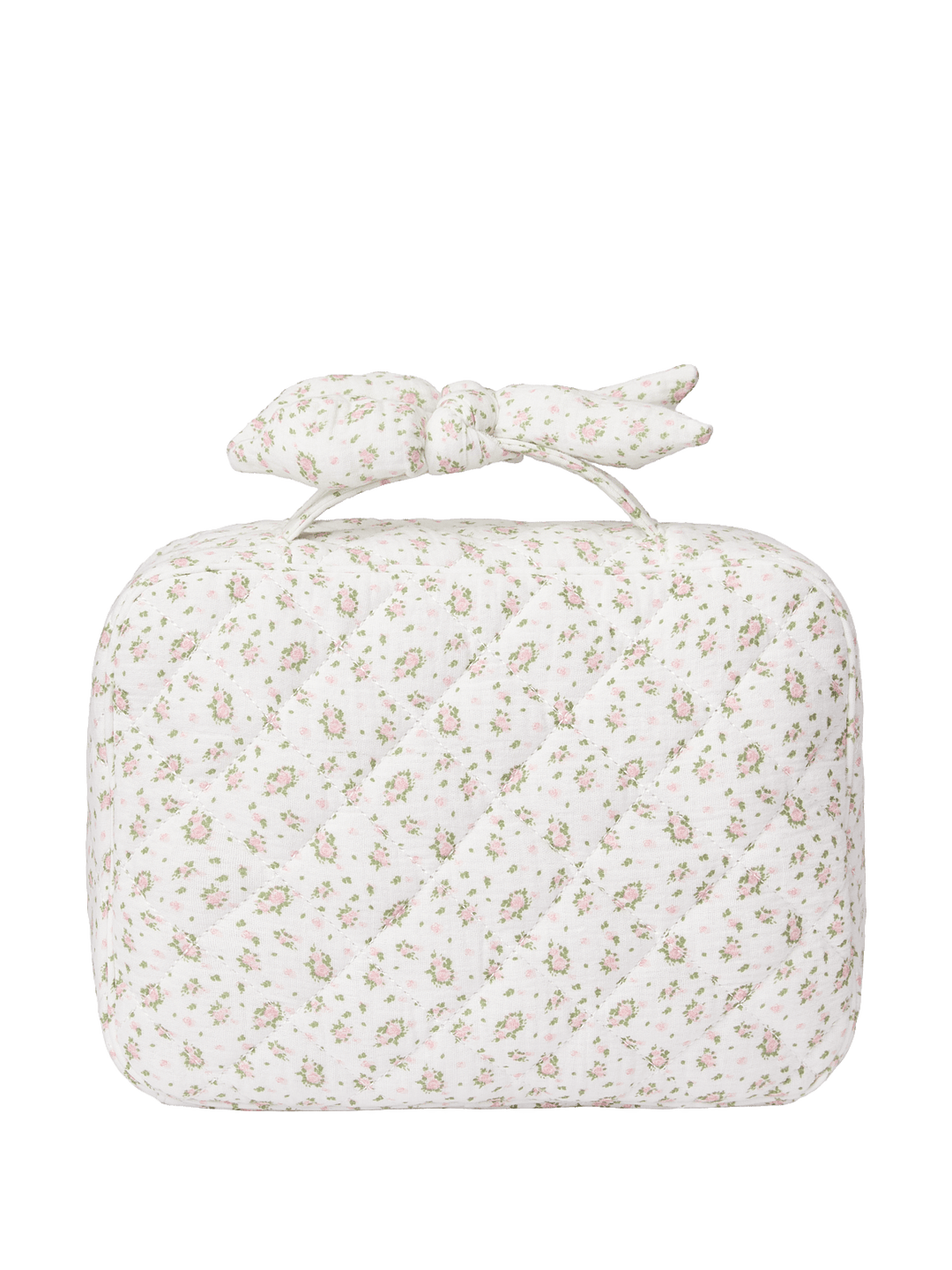 Floral-patterned travel toiletry bag with a bow