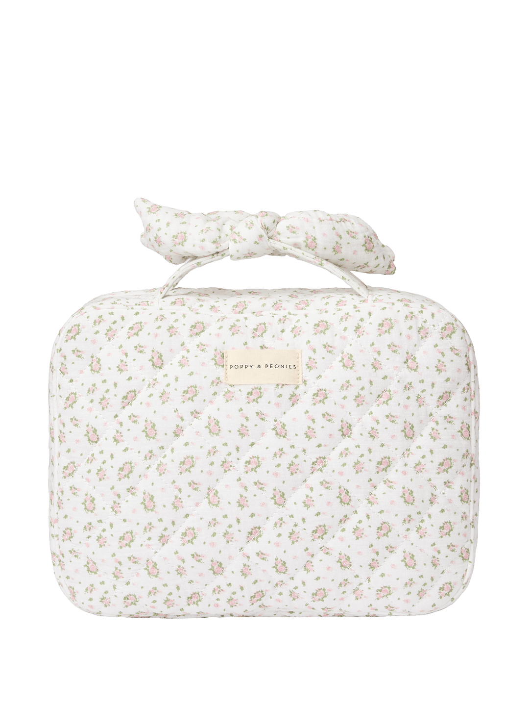 Floral-patterned travel toiletry bag with a bow
