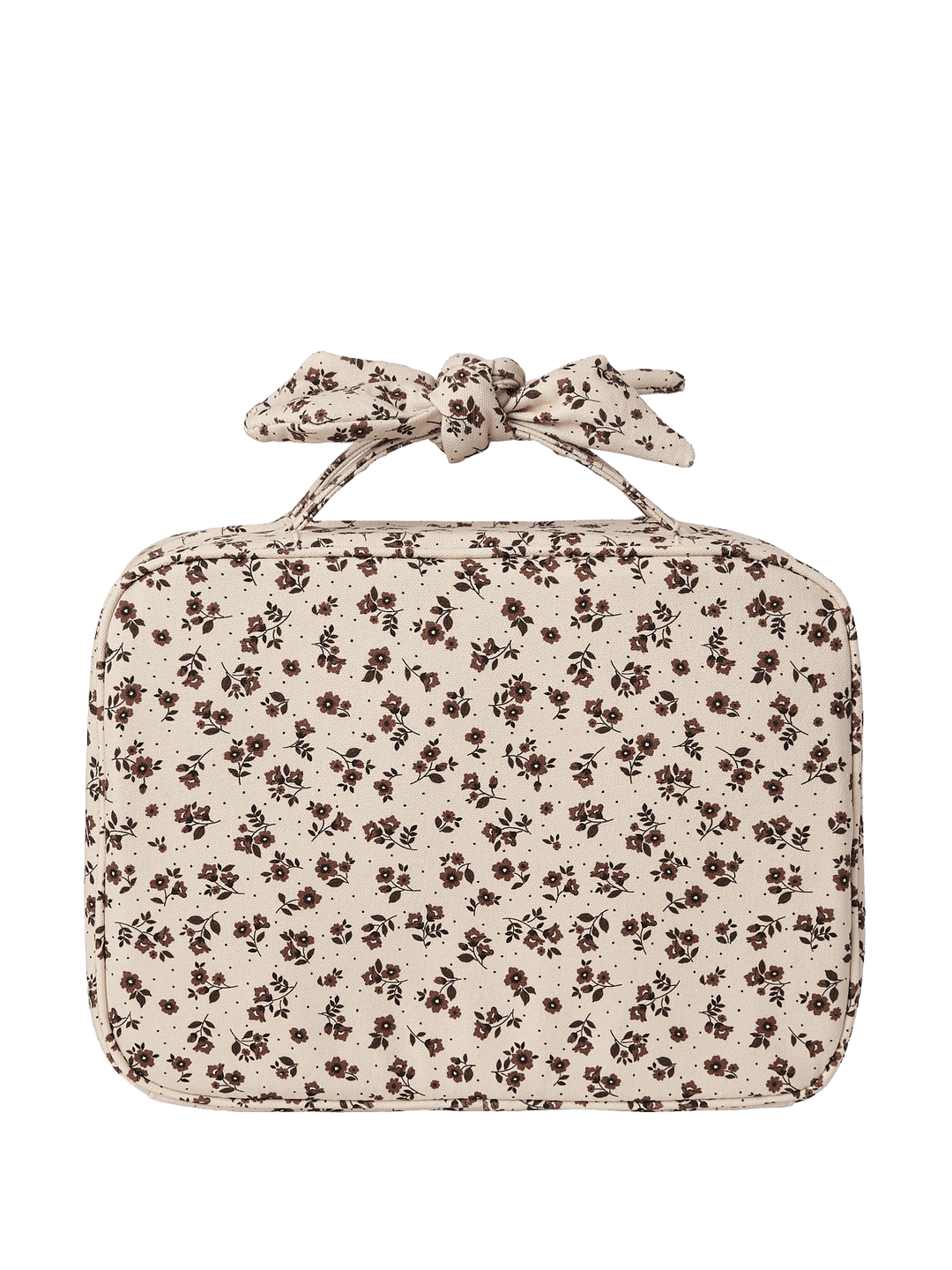 A floral-patterned travel makeup bag with a bow 