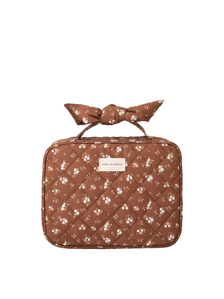 Brown Floral hanging cosmetic case in quilted cotton
